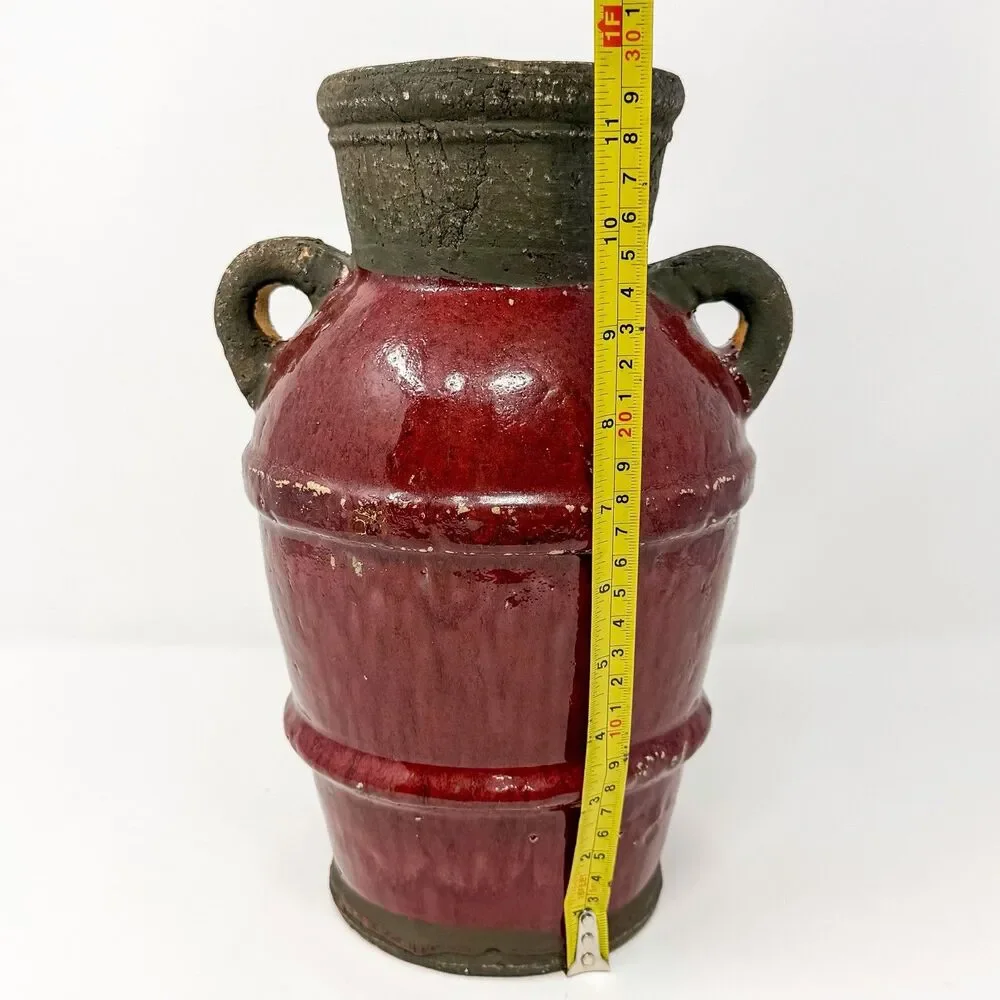 Vintage Rustic Studio Pottery Vase Oxblood Red Folk Art Handcrafted 12”